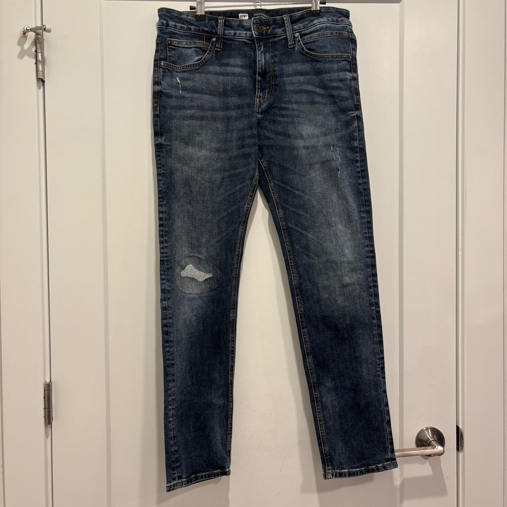 Jack & Jones Glenn Slim Fit Distressed Dark Wash Blue Jeans 33x32 Mens